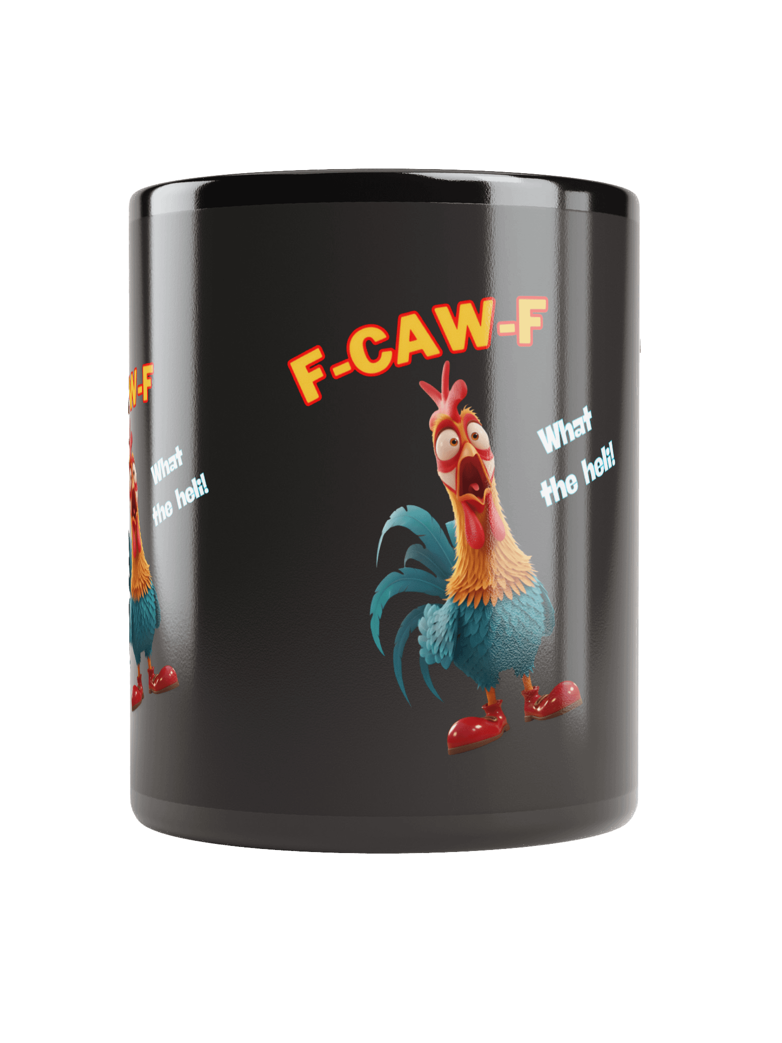 FUNNY ROOSTER MUG – BLACK GLOSSY COFFEE CUP WITH “F-CAW-F” & “WHAT THE HELLI” SLOGANS – FARM HUMOR GAG GIFT product image (9)