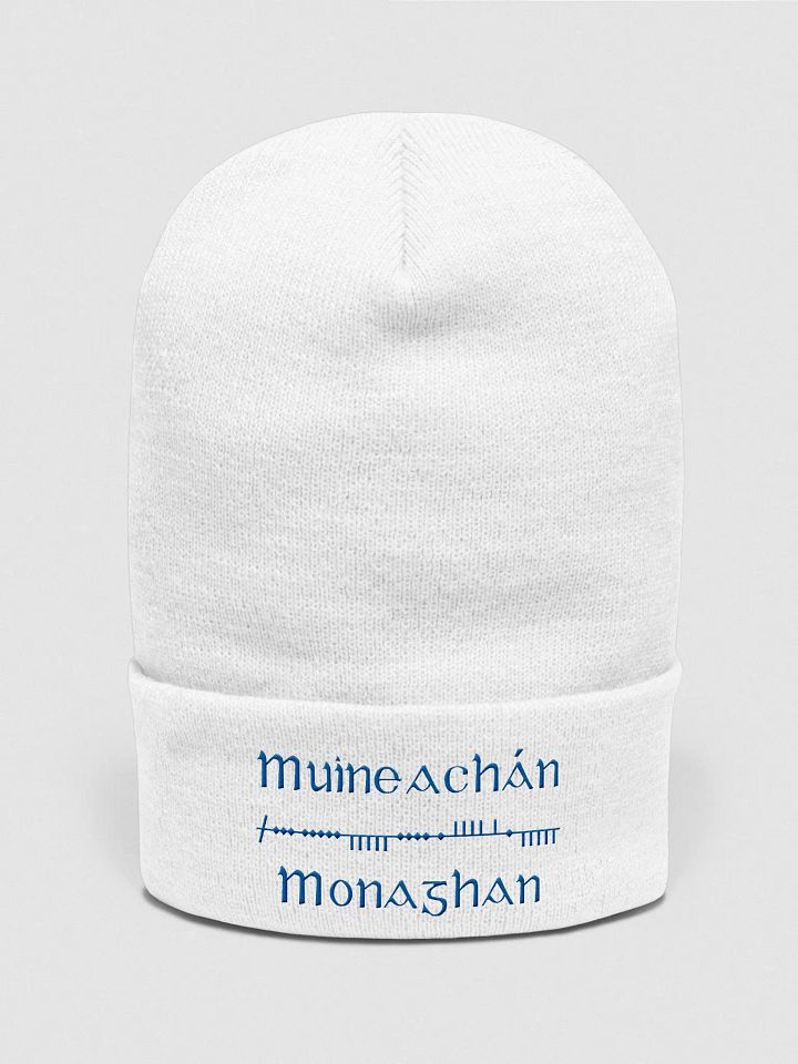 Monaghan/Muineachán Scholastic Ogham, white with blue, embroidered Cuffed Beanie product image (1)