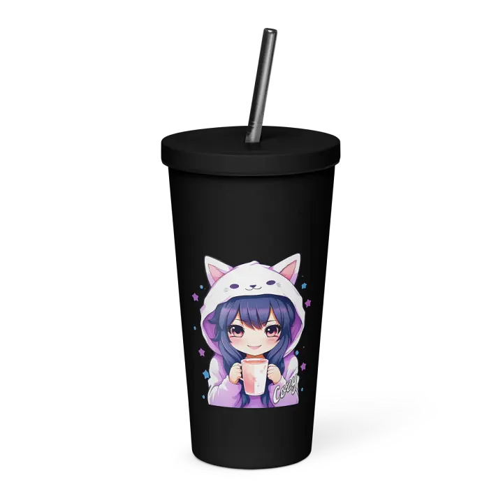 Cozy Kawaii Anime Girl 20 oz Tumbler Cup - Black - Insulated Tumbler with a Straw product image (1)