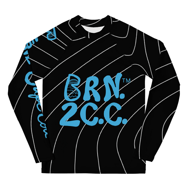 YOUTH | Rash Guard | BRN.2C.C.™ Front Graphic | BOURNE to Cape Cod™ Sleeve & Back Logo | Coastal Swim Shirt for Kids | UV Protection Activewear | Blue Logo | Pinstripes on Black product image (1)