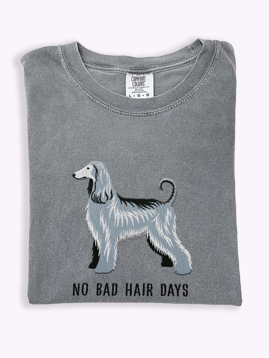 No Bad Hair Days T-Shirt(Embroidered) of an Afghan Hound(Gray/Blue) product image (1)