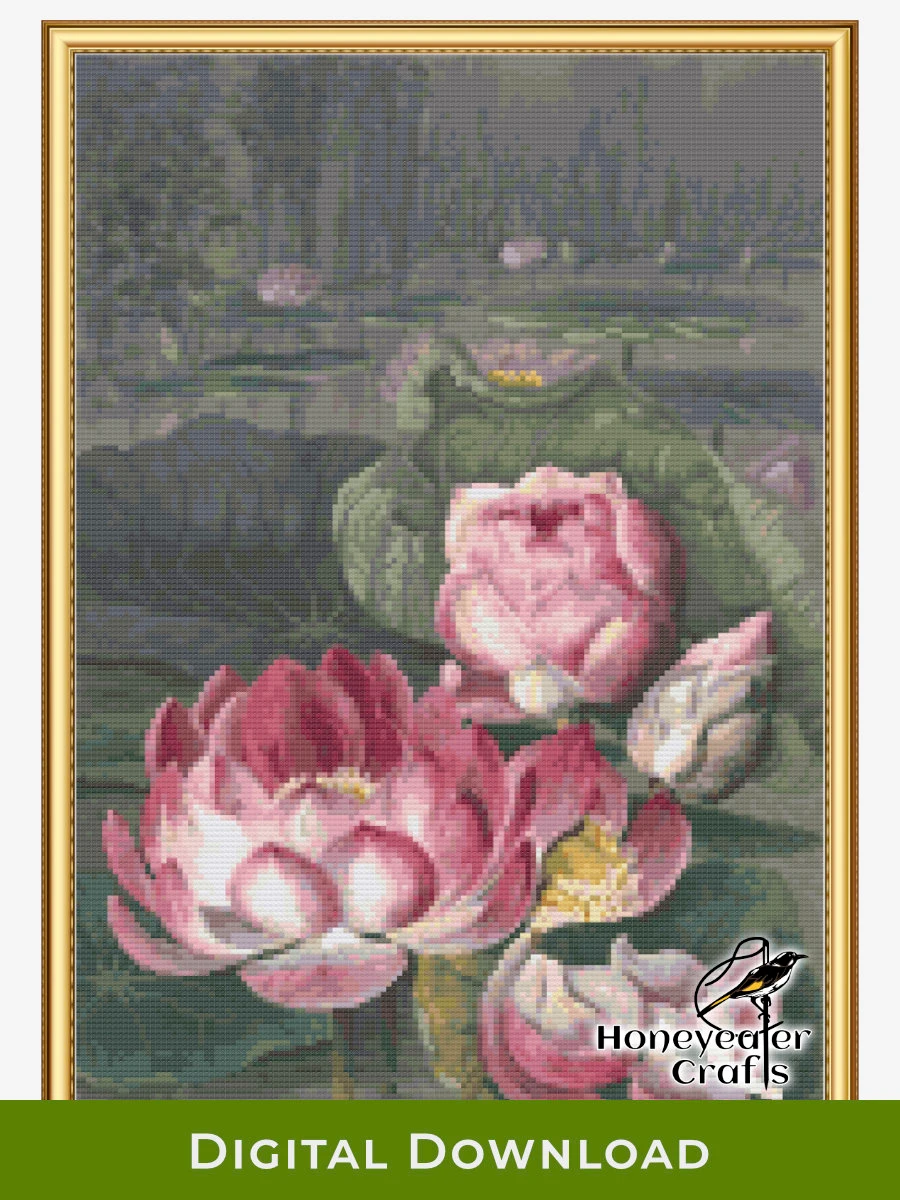 Sacred Lotus Water Lily: Floral Cross Stitch Pattern PDF product image (1)