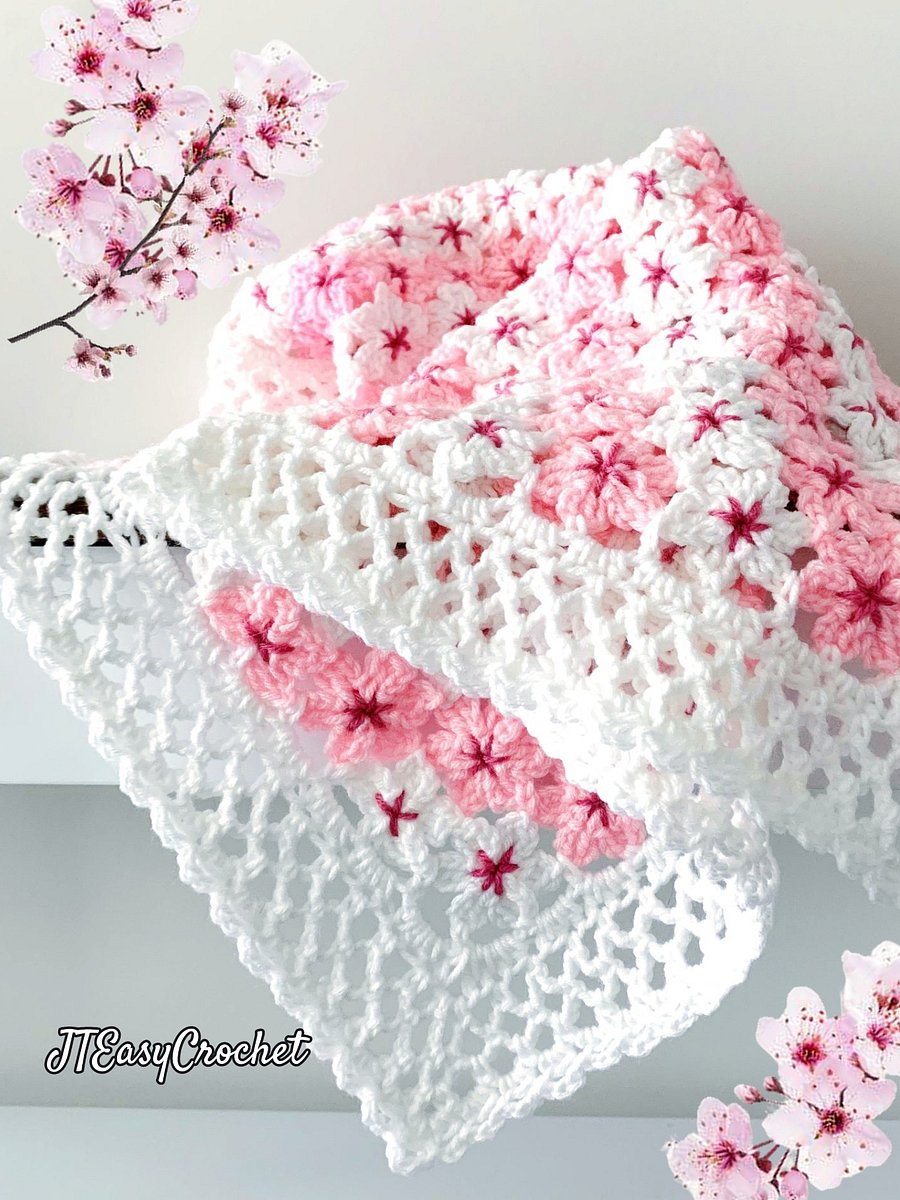 Cherry Blossom Flower Baby Blanket, Sakura Flower Motif Crochet Pattern for Floral Throw Blanket product image (10)