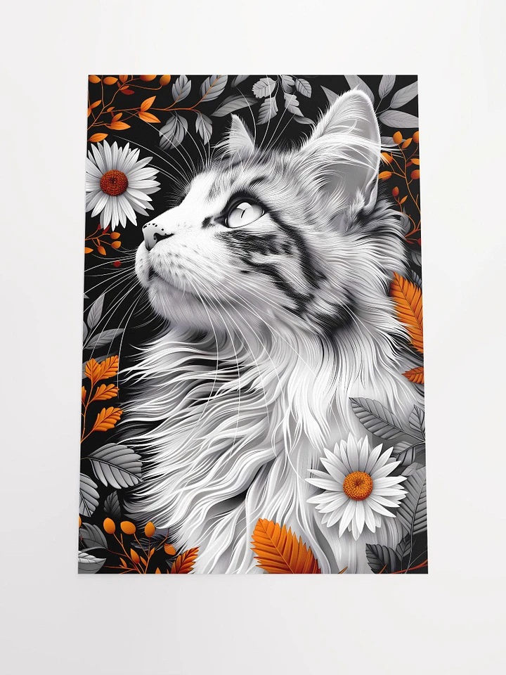 Inquisitive Gaze: Monochrome Cat Amongst Vibrant Daisies Artwork Matte Poster product image (2)