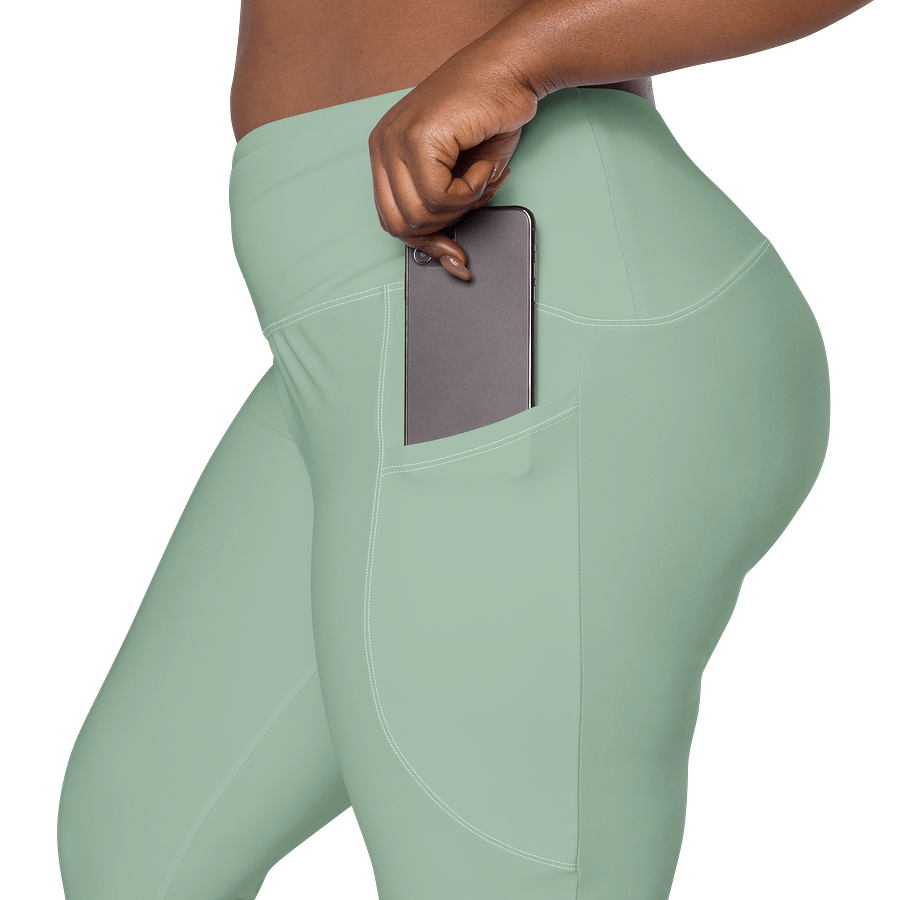 Plain Light Sage Green Soft Summer Women's High Waisted Premium Crossover Leggings with Pockets by Treasure Pie product image (8)