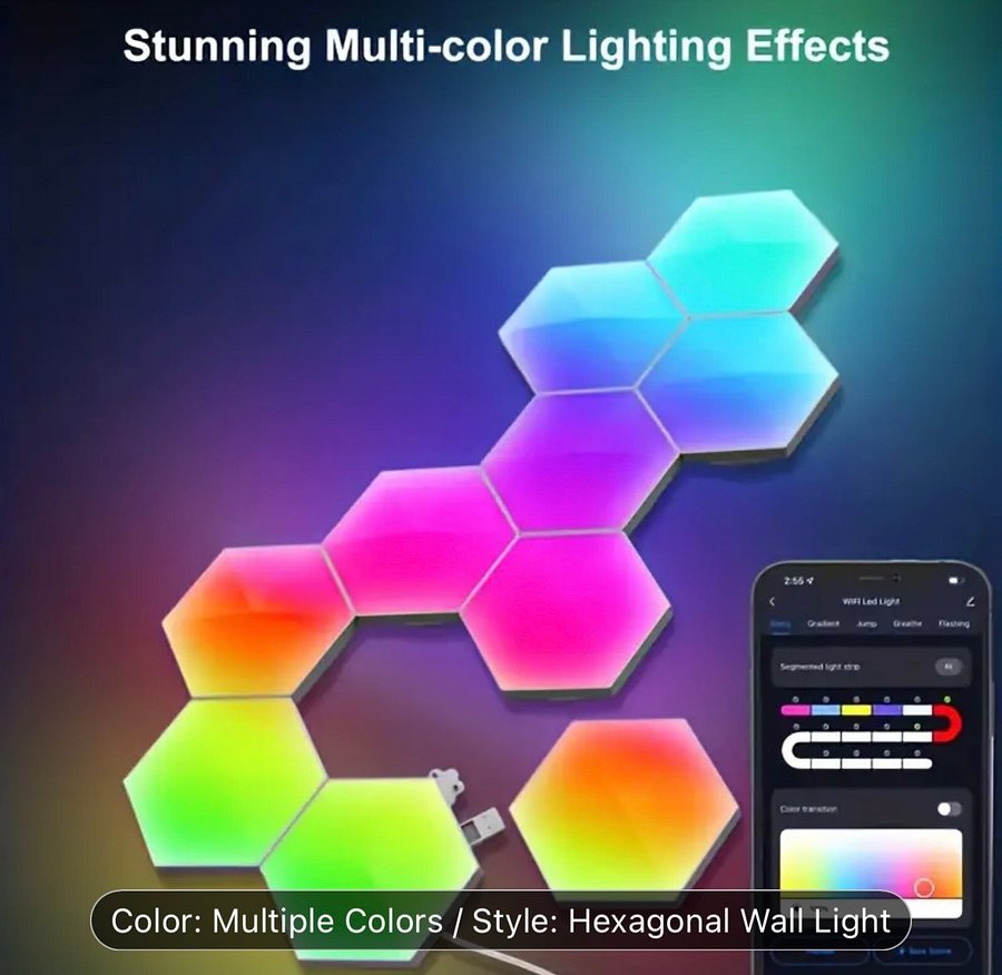YETHKE Hexagonal LED Wall Light Panels - 6pcs Set, App-Controlled, Voice Sensor, USB Powered, Dimmable, Remote Included, Wireless, Wall-Mountable product image (3)