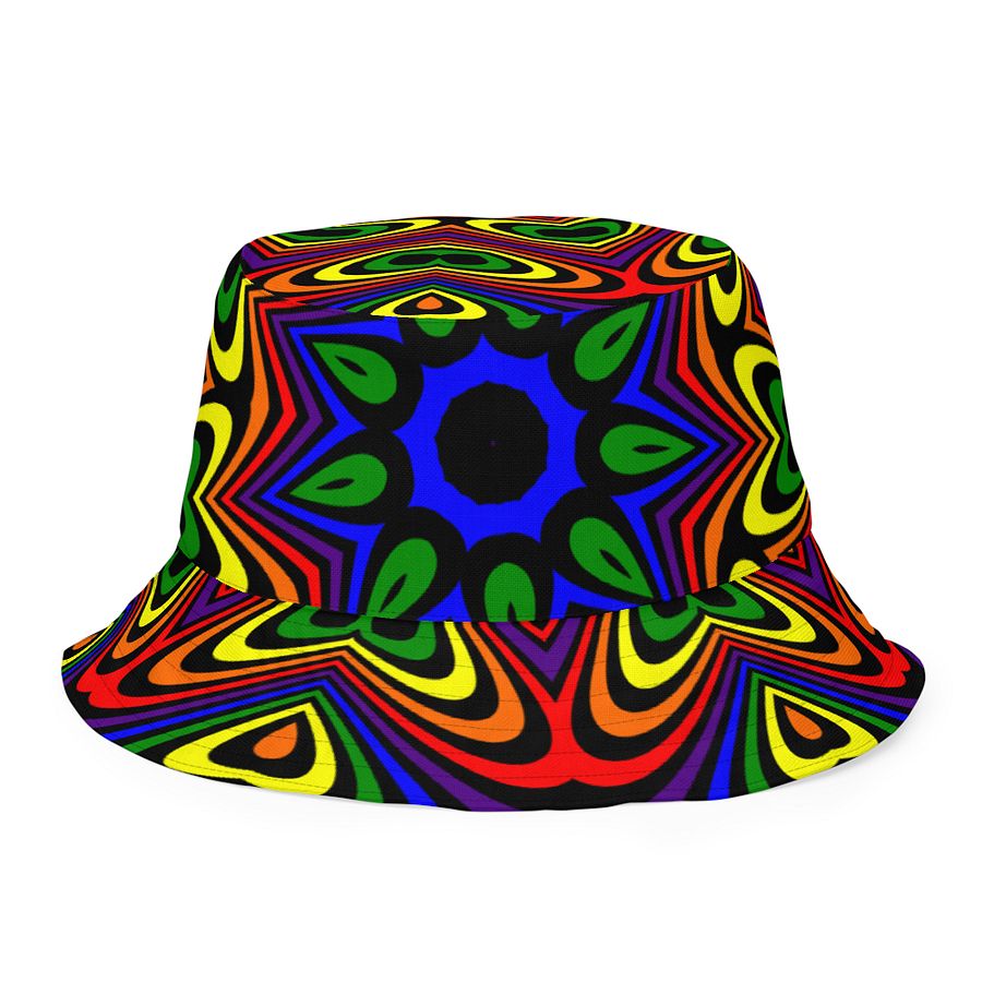 Reverisble Rainbow Bucket Hat, Queer Pride Stars Hearts Psychedelic Art Accessory product image (3)