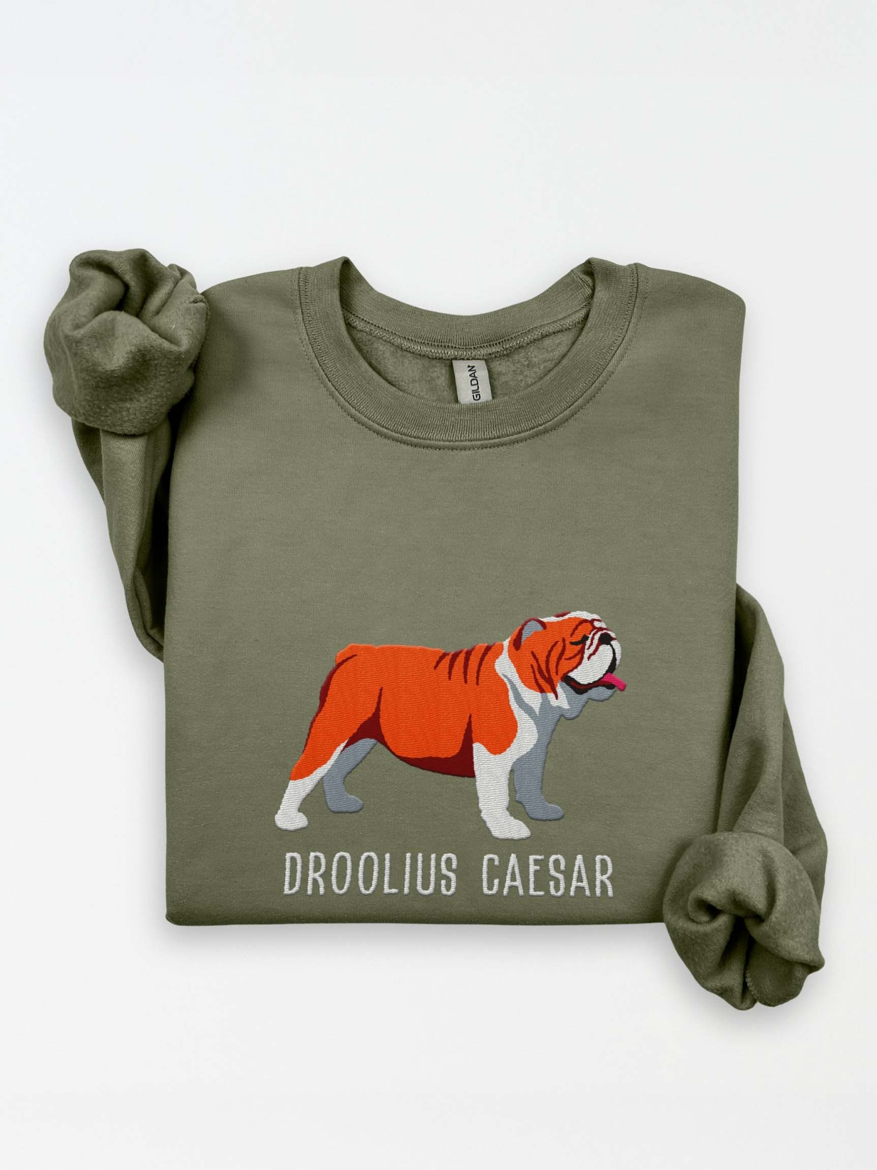 Droolius Caesar Sweatshirt (Embroidered) of an English Bulldog(Red & White) product image (1)
