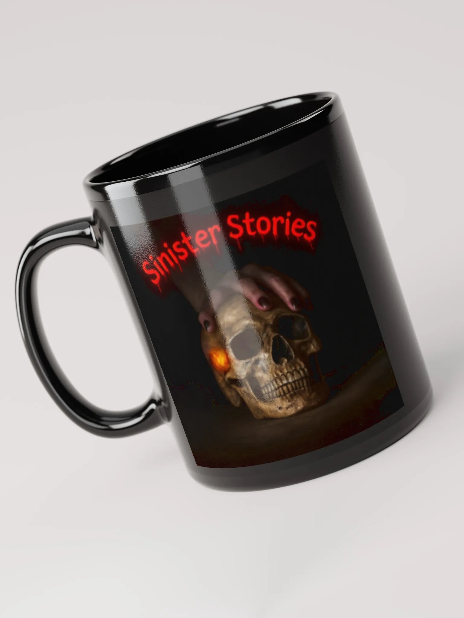Sinister Stories Mug (both sides)– “Skull Grip” Glossy Black Edition (11oz & 15oz) product image (5)