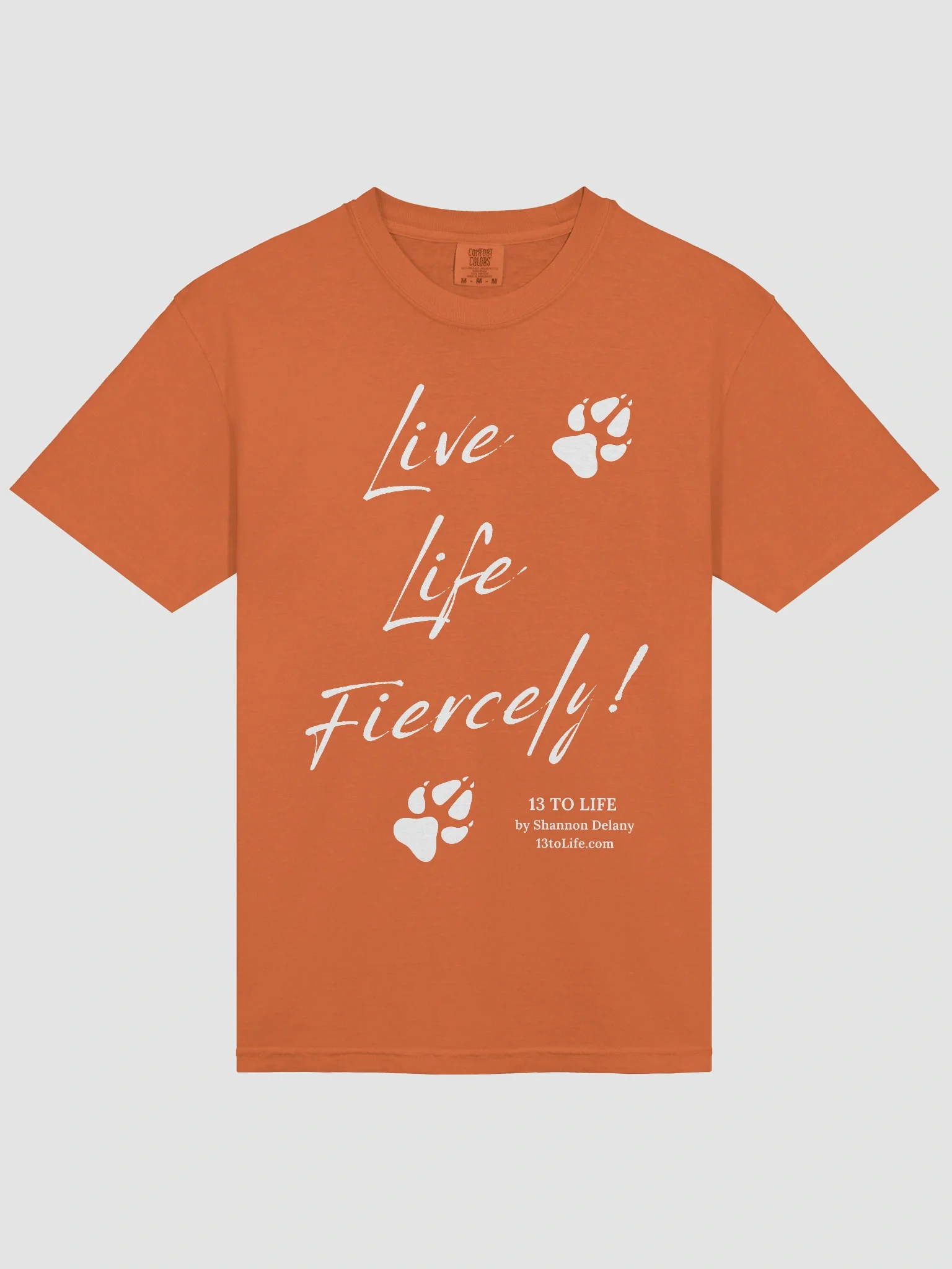 Live Life Fiercely – 13 TO LIFE Paw Print T-shirt – White Print on Color product image (29)