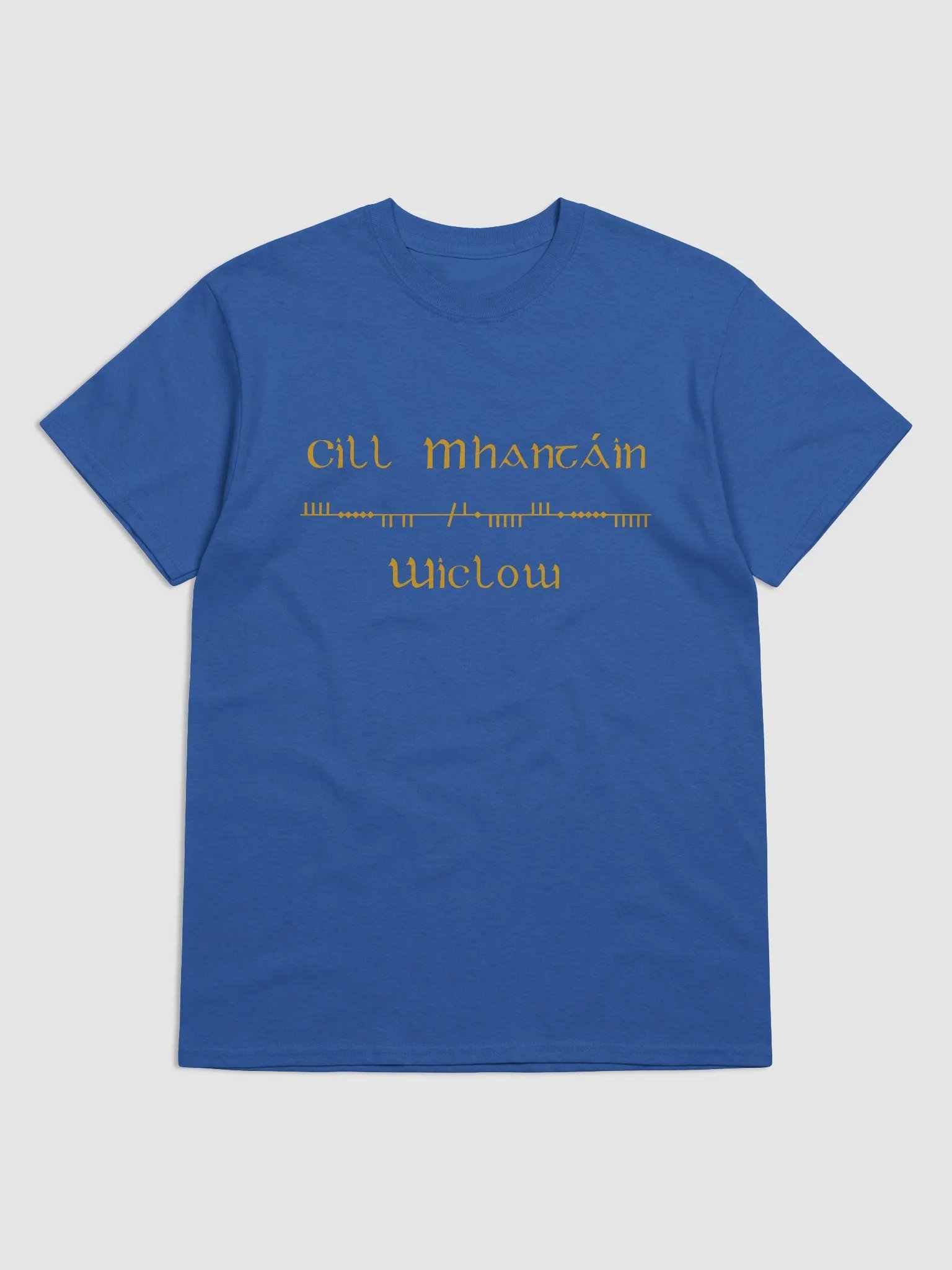 Wicklow/Cill Mhantáin Scholastic style Ogham Blue printed T-shirt product image (1)
