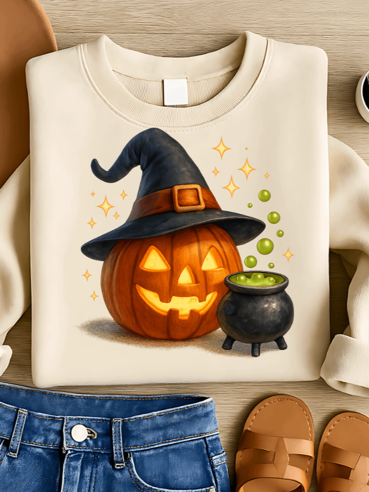 Pumpkin Witch Brew Sublimation PNG – Halloween Jack-O’-Lantern for T-Shirts – Witch Hat & Potion Theme – 300 DPI Instant Digital Download product image (1)