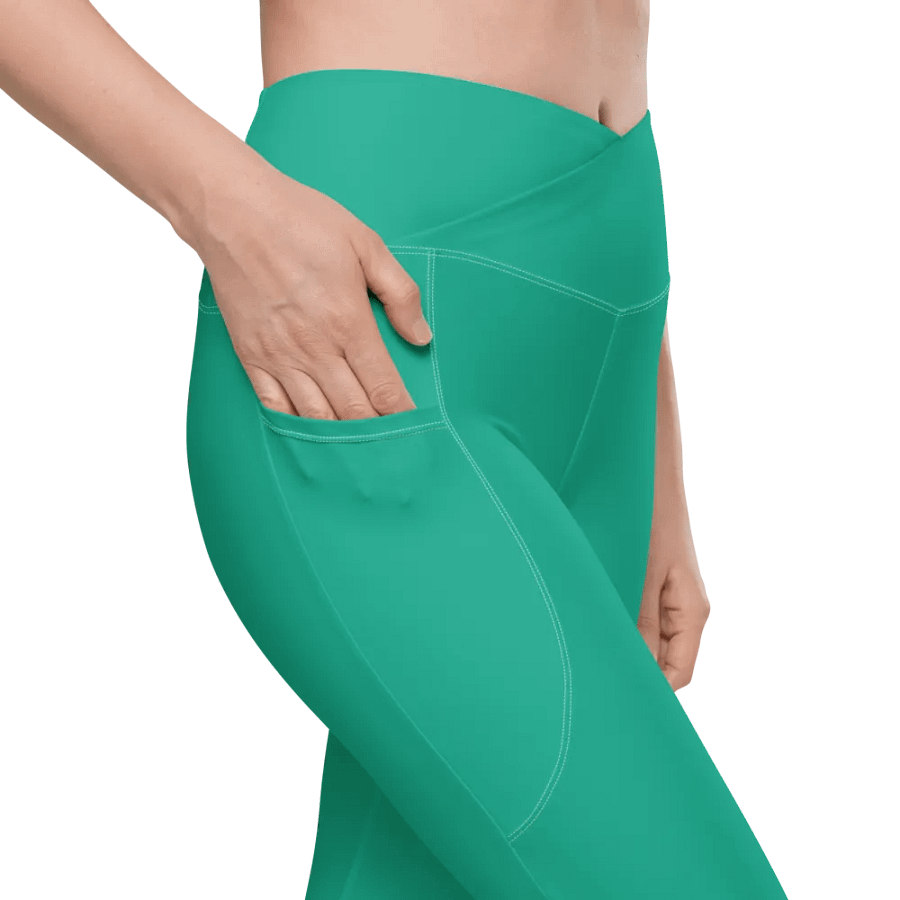 Plain Medium Sea Green Light Summer Women's High Waisted Premium Crossover Leggings with Pockets by Treasure Pie product image (8)