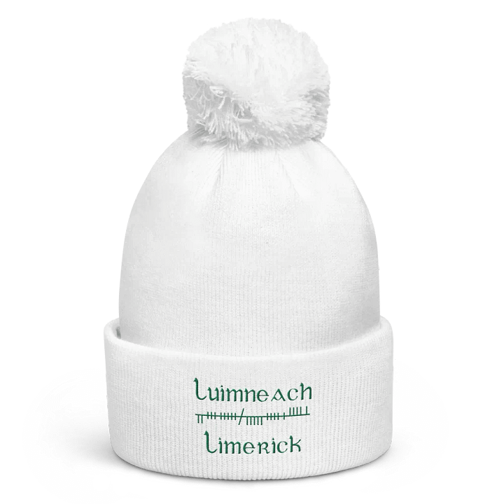 Limerick/Luimneach Orthodox style Ogham, white with green embroidered Pom-Pom Beanie product image (1)
