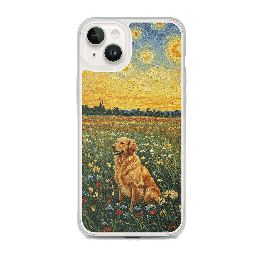 Golden Retriever in Sunset Flower Field Van Gogh Style Art iPhone Clear Case product image (1)