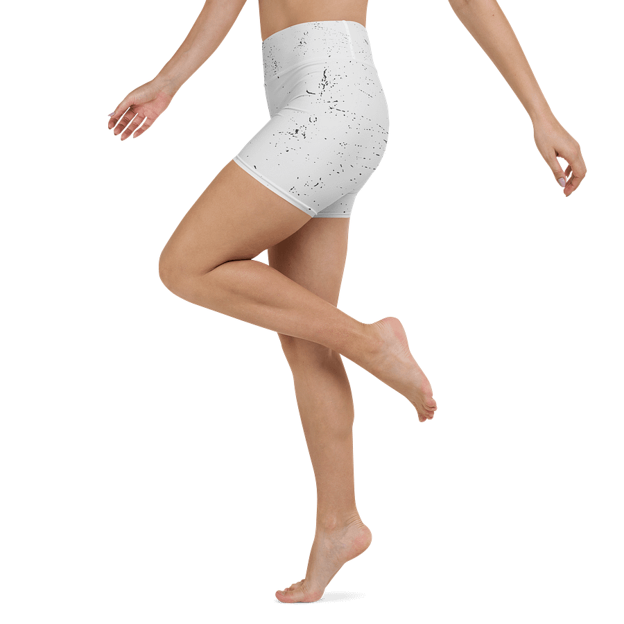 All-Over Print Yoga Shorts | with Inside Pocket | BRN.2C.C.™ | Coastal-Inspired Activewear | Vibrant Pink Logo on Distressed White product image (4)