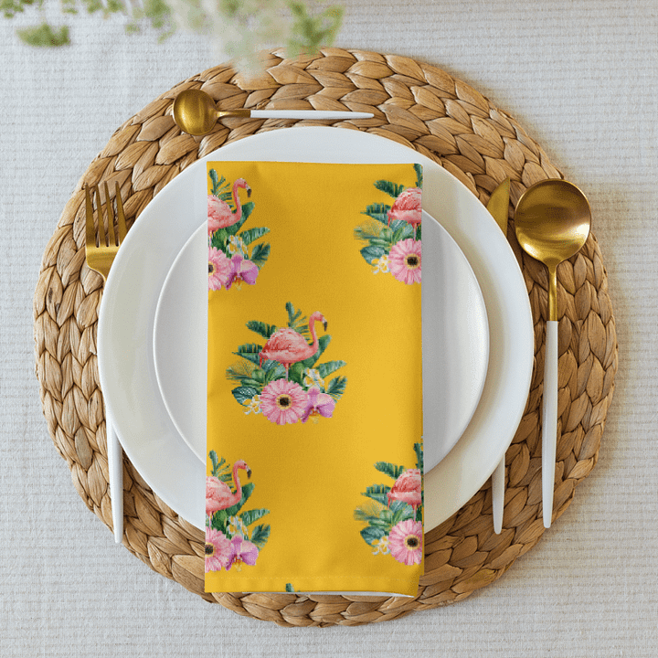 TROPICAL FLAMINGO & FLORAL CLOTH NAPKINS (SET OF 4) – 20"X20", SOFT BROADCLOTH, GOLDEN YELLOW BACKGROUND, VIBRANT BOTANICAL PRINT product image (1)