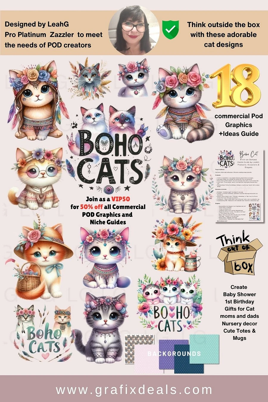 18 x Beautiful BOHO CATS Graphics Bundle Commercial Pod Use + FREE Guide product image (1)