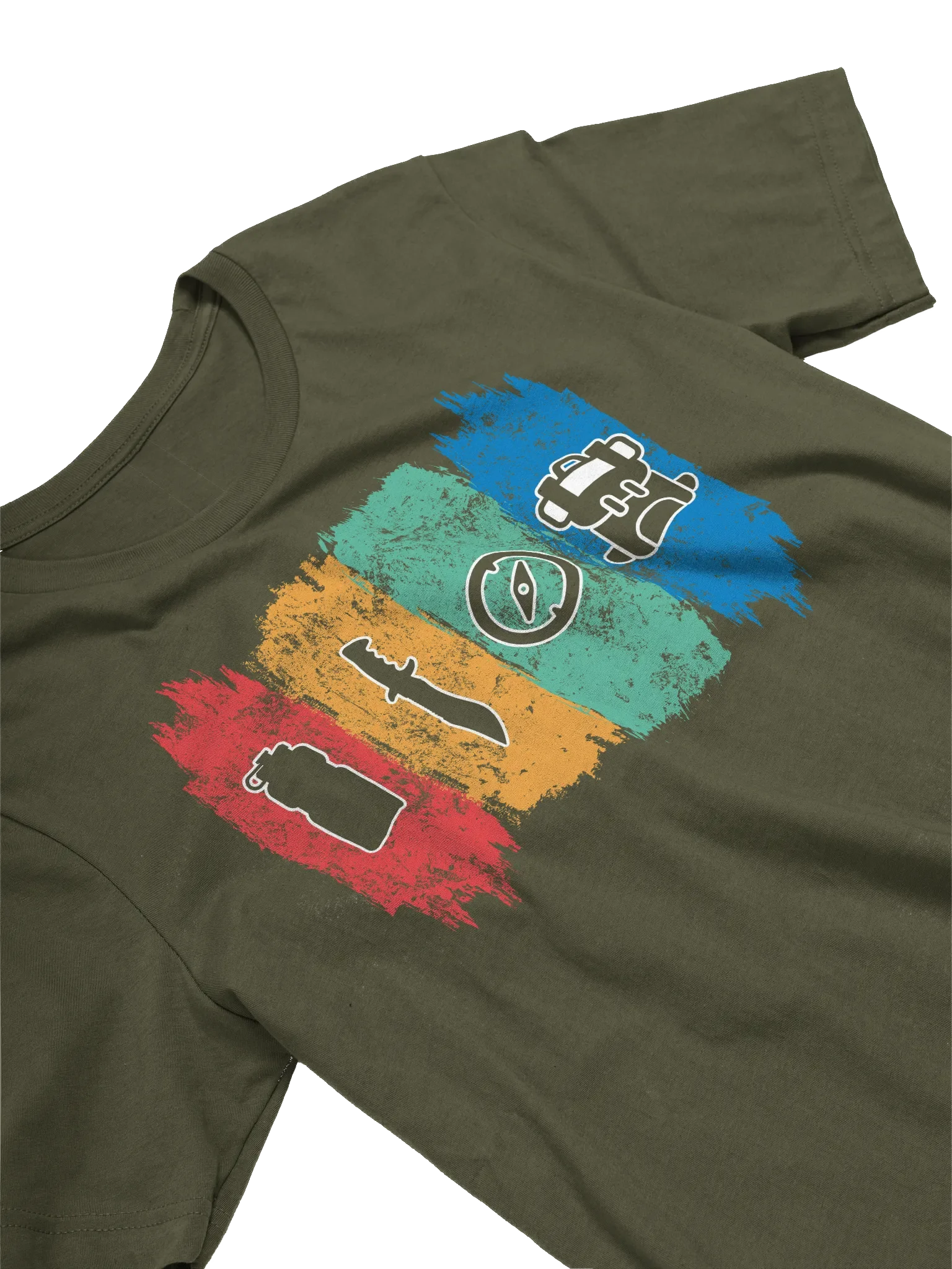 Modern Vintage Outdoor Adventure Icons T-Shirt - Water Bottle, Knife, Compass & Backpack, Nature Lover Gift, Wilderness Explorer Top product image (3)