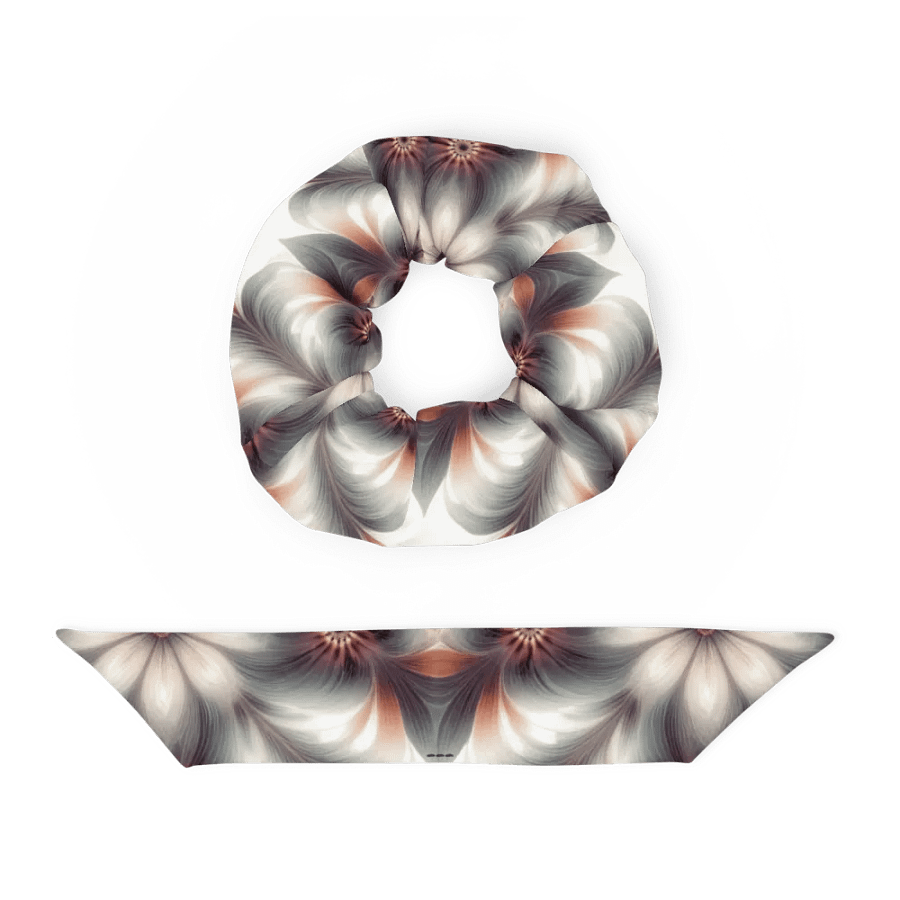 Hair Scrunchie - Geometric Floral Pattern in Pale Oranges and Greens product image (4)