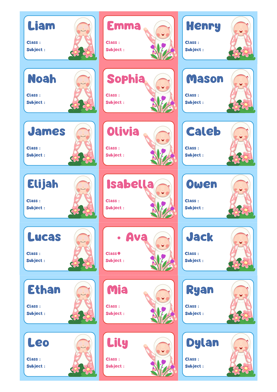 🌸 Blue & Pink Cute Illustrative Floral Kids School Name Labels – Make Back-to-School Extra Special! 🎒 product image (1)