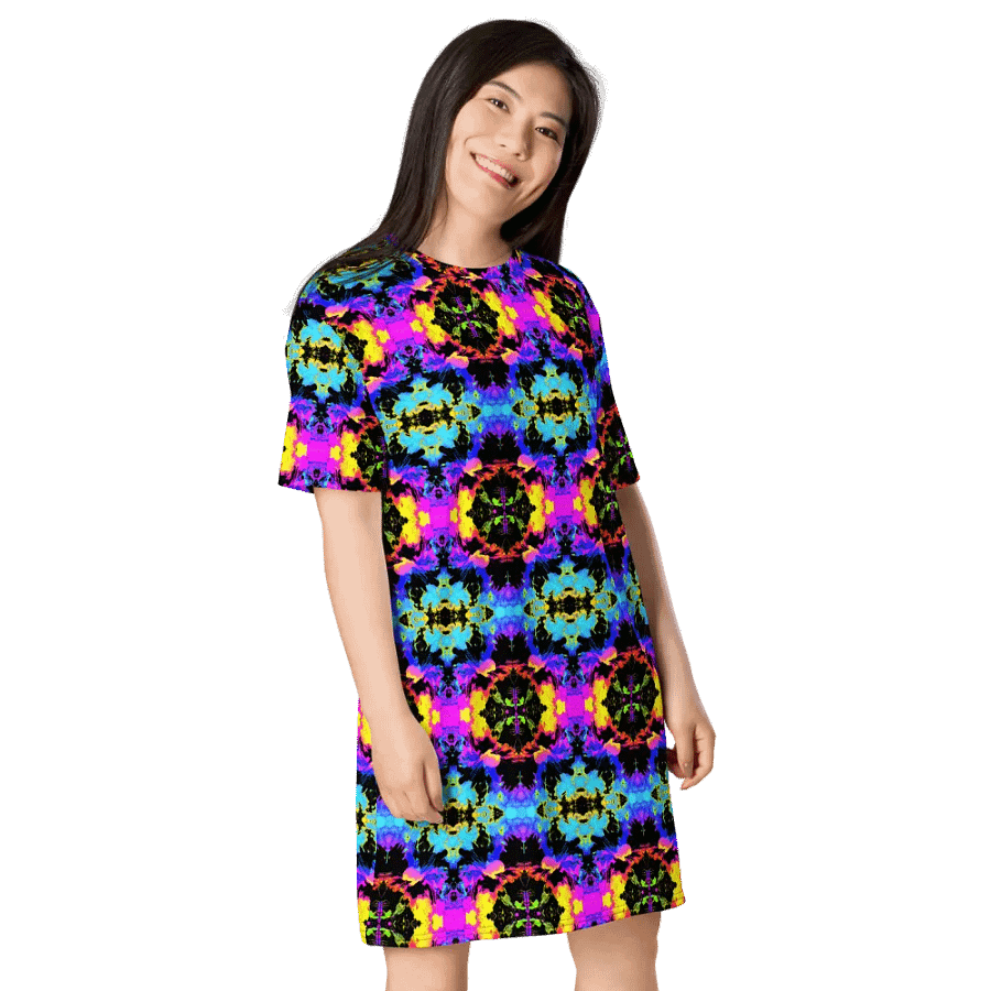 Abstract Neon Melting Daises Ladies T Shirt Dress product image (5)