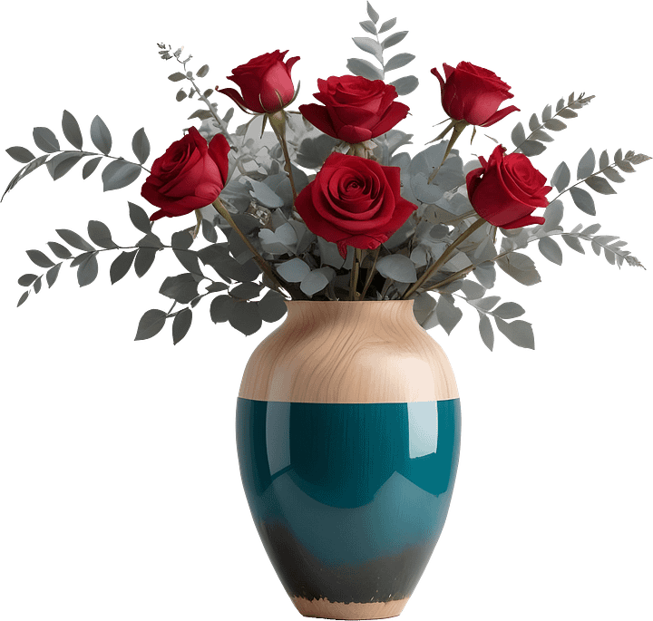 Elegant Teal and Wooden Vase with Red Rose Arrangement PNG product image (1)