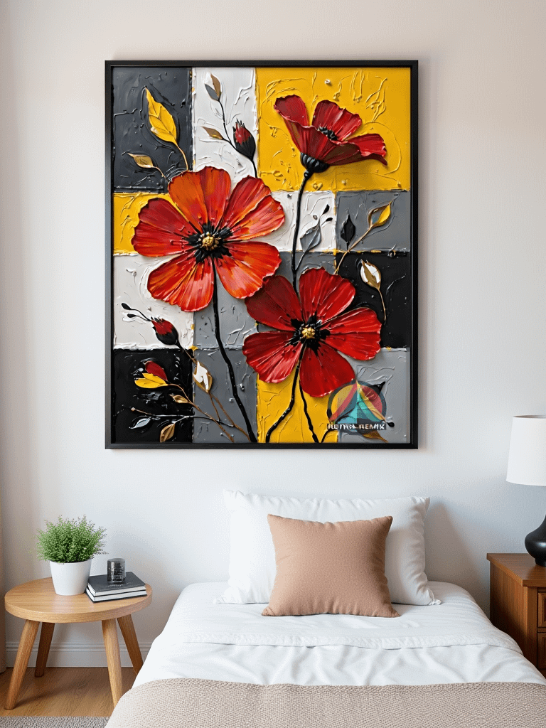Bold Blooms & Retro Hues – Textured Floral Wall Art on Geometric Color Block Background product image (4)