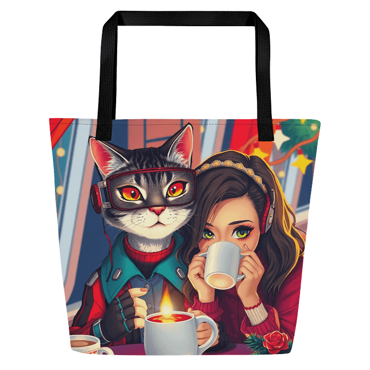 Large Tote Bag w/ Pocket-☕ "Warm Whiskers & Holiday Sips" product image (1)