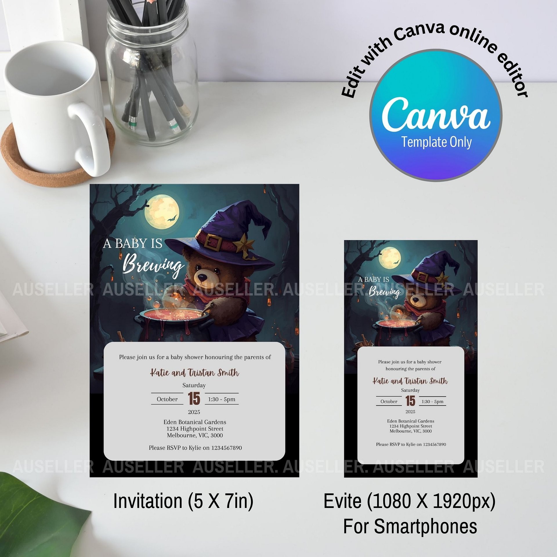 Teddy Bear & Cauldron Nighttime Forest Themed 'A Baby Is Brewing' Halloween Baby Shower Invitation product image (4)