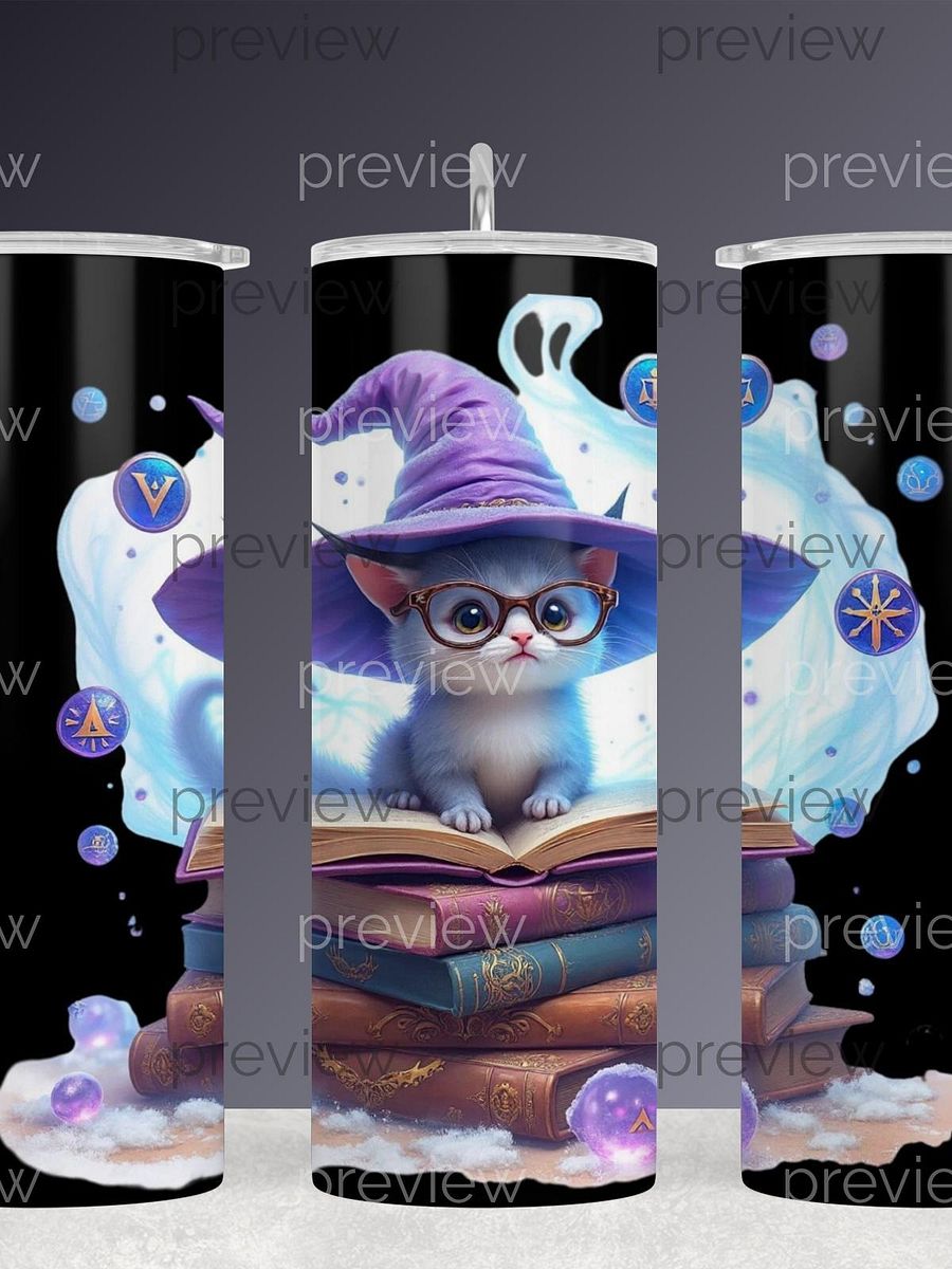 Book Lover Kitten Wizard Clipart - Adorable Blue Fur Cat with Wizard Hat and Glasses, Magical Scholar Theme for Instant Download POD, 300DPI product image (3)