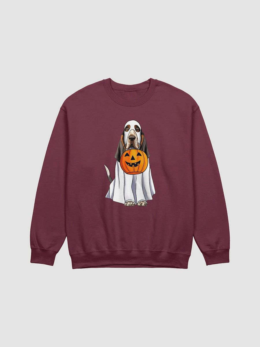Basset Hound(Tricolor) Halloween Sweatshirt | Funny Halloween Basset Hound Wearing Ghost Costume with Pumpkin Basket product image (16)