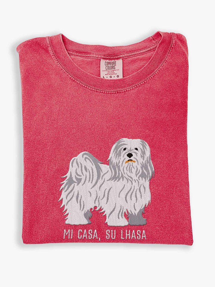 Mi Casa, Su Lhasa T-Shirt(Embroidered) of a Lhasa Apso(White) product image (1)