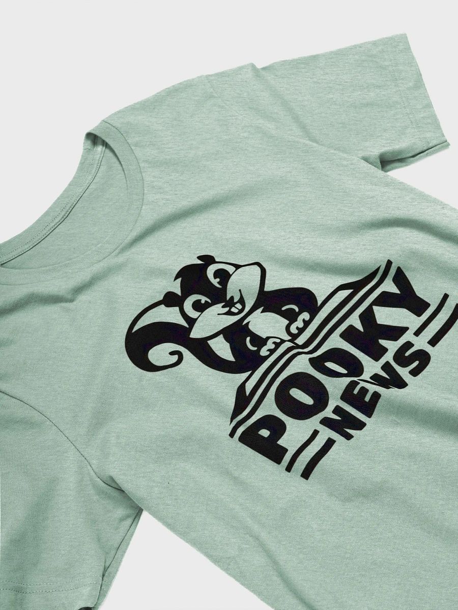 Super Soft and Flattering Tee: Stencil Pooky News, black, at a desk product image (3)
