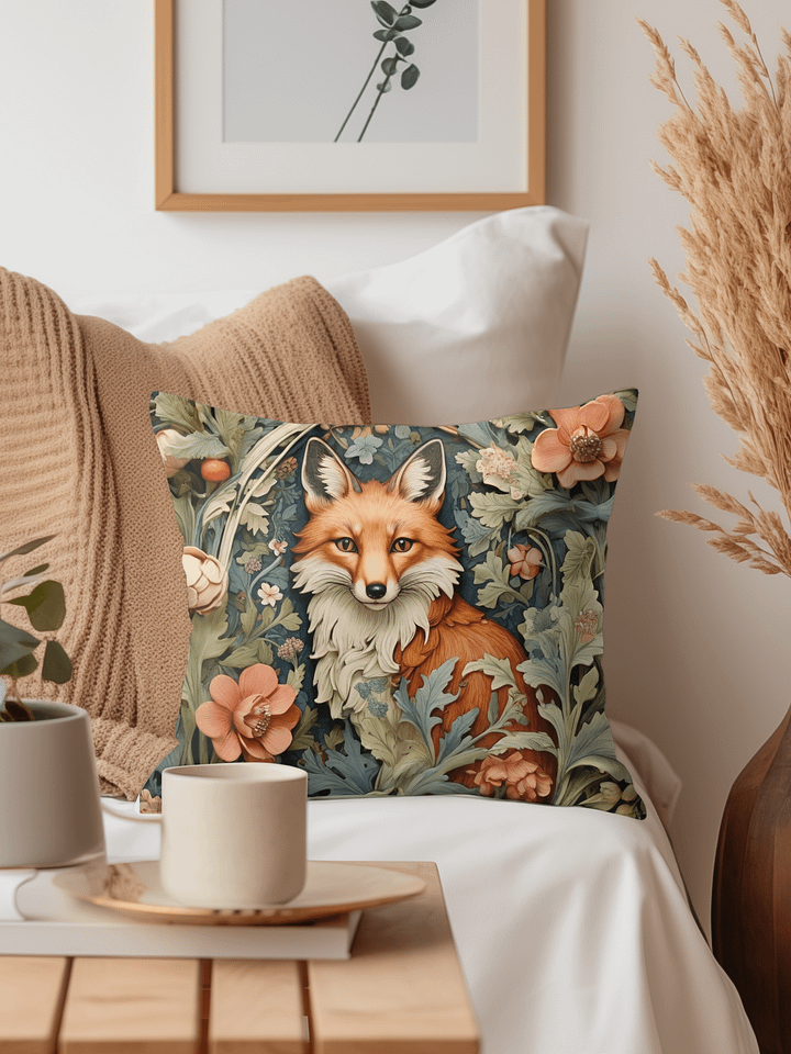 Forest Fox Pillow William Morris Inspired Cushion Whimsical Fox Floral Garden Retro Charm Home Decor Country Farmhouse product image (2)