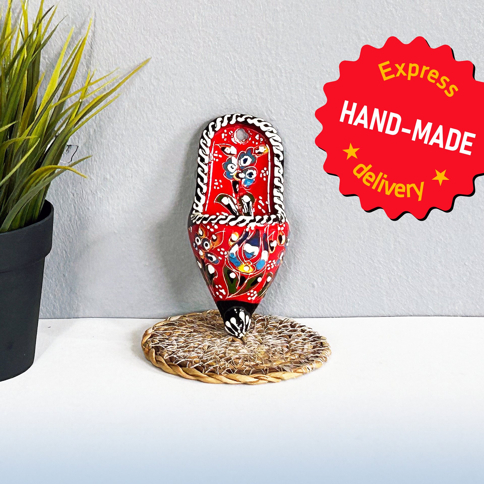 Ceramic wall decor, shoes (Terlik, red) — handmade pottery, handmade ceramic, home decor, handmade gift, Turkish ceramic product image (3)