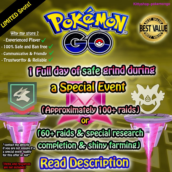1 full day of SAFE customized grinding during special events (100+ raids or 60+ raids + Special Researches Completion or Gigantamax raids ect.) product image (1)