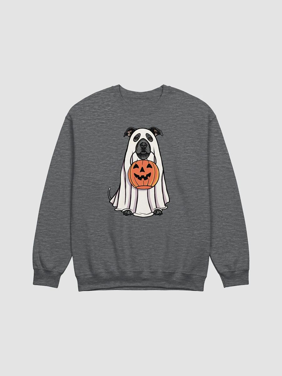 Funny Halloween Staffordshire Terrier(Blue) Sweatshirt | Funny Staffy Wearing a Ghost Costume and Holding a Pumpkin Basket product image (7)