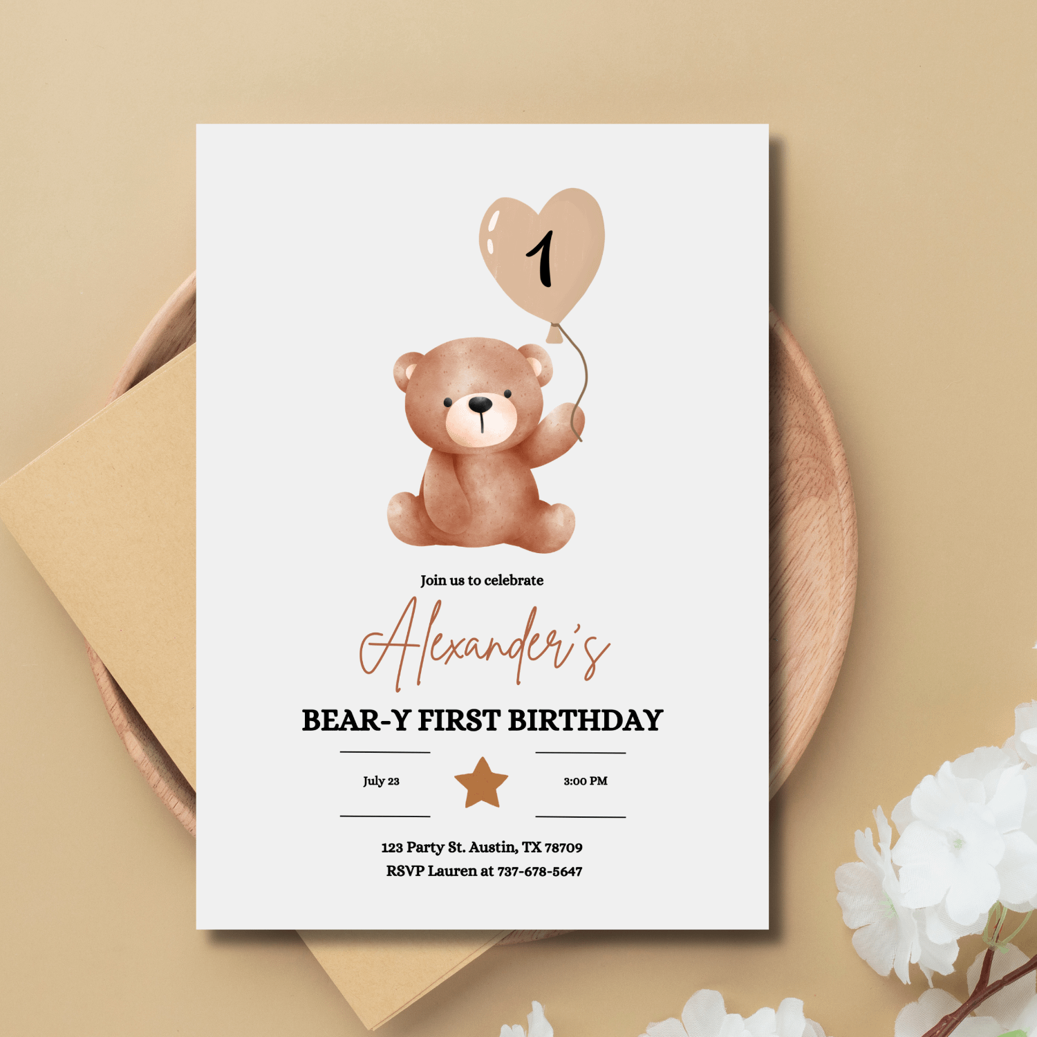 Bear-y First Birthday Invitation | Teddy Bear Birthday Invite | Editable Canva Template product image (9)