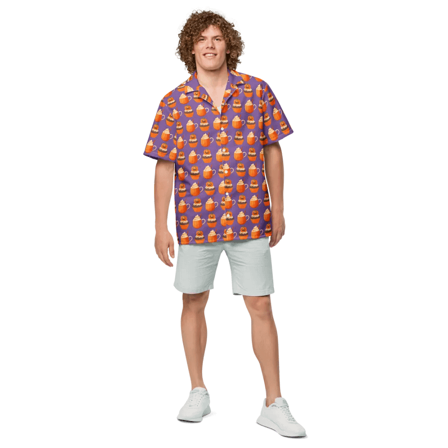 Halloween tea party pumpkin cupcake pumpkin spice latte Unisex Hawaiian Button Shirt product image (4)