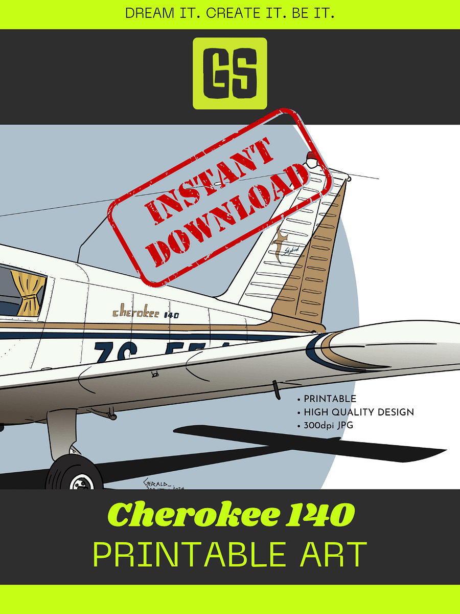 Piper Cherokee 140 ZS-EEJ Digital Printable Aviation Art Illustration Square Size The perfect Pilot Gift product image (5)