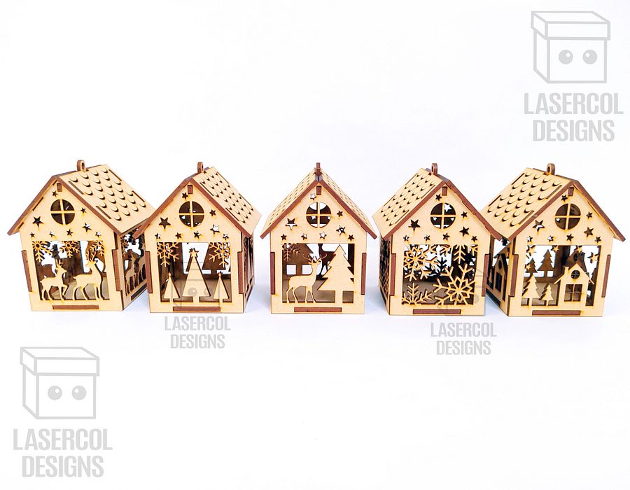 Christmas House Ornaments Set 1 (2 Sizes, 5 Styles) - Laser Cut Files product image (5)