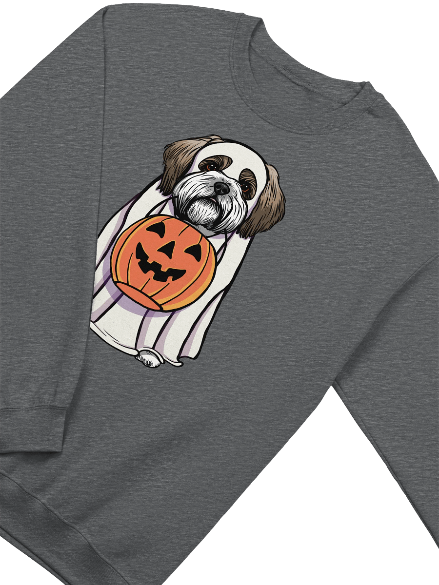 Funny Halloween Shih Tzu Sweatshirt | Funny Dog Wearing a Ghost Costume and Holding a Pumpkin Basket product image (8)
