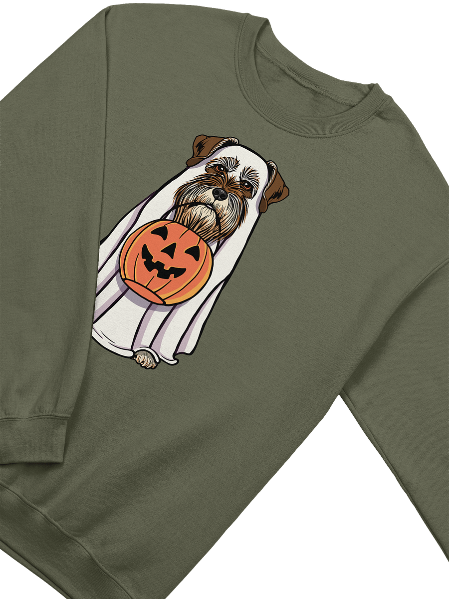Funny Halloween Schnauzer(Liver) Sweatshirt | Funny Schnauzer Wearing a Ghost Costume and Holding a Pumpkin Basket product image (18)