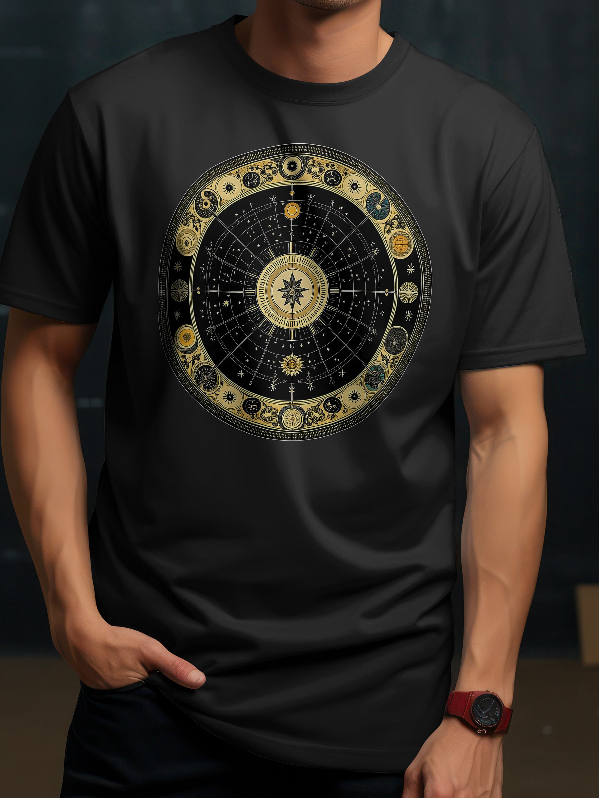 🌌 Celestial Zodiac Compass Unisex T-Shirt – Gold Cosmic Wheel Design | Mystical Astrology-Inspired Graphic Tee product image (4)