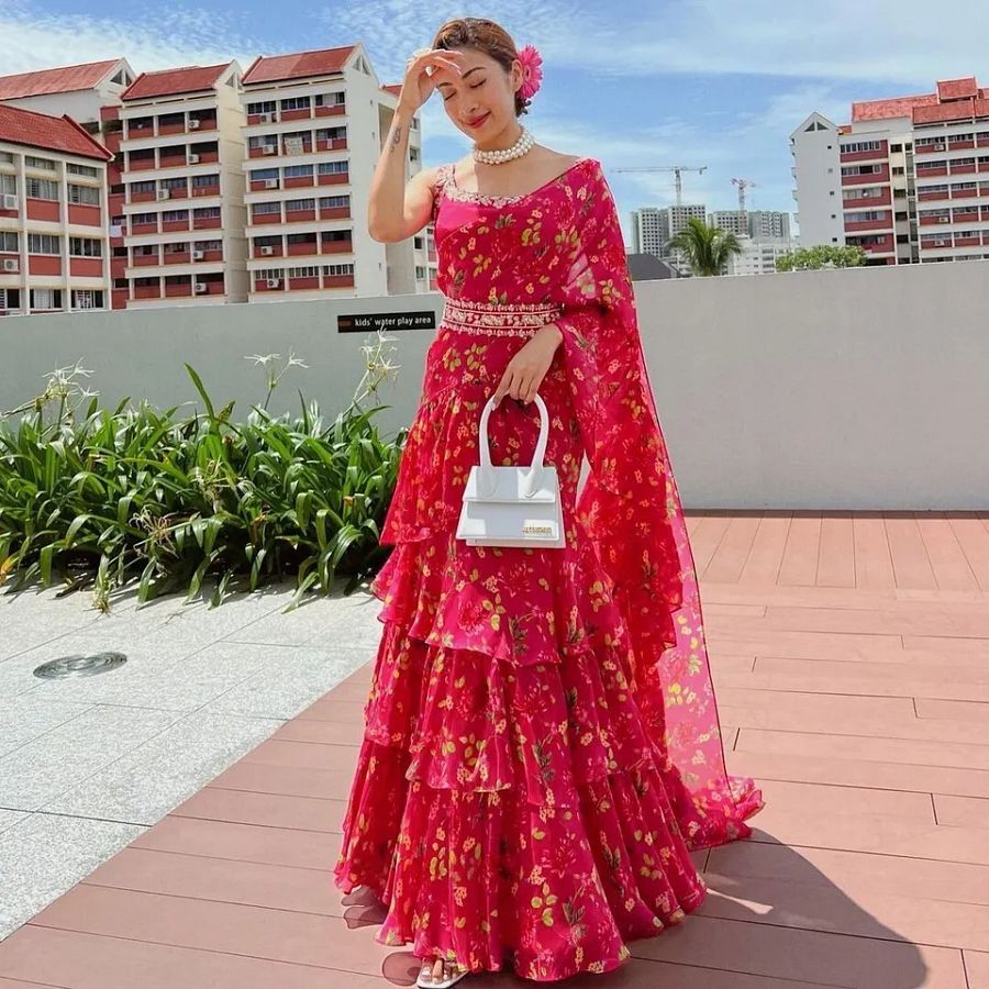 Pink Lehenga Saree Frill Ruffle Indian Sari Lehenga Lengha Choli Pakistani Skirt product image (3)