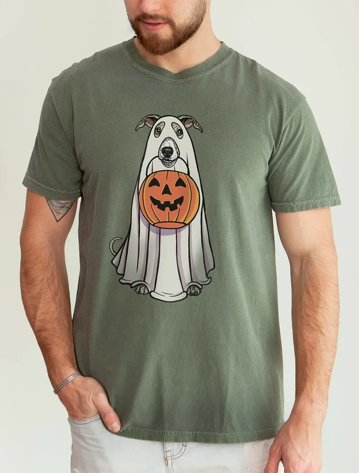 Funny Halloween Whippet(Fawn Brindle) T-Shirt | Funny Dog Wearing a Ghost Costume and Holding a Pumpkin Basket product image (9)