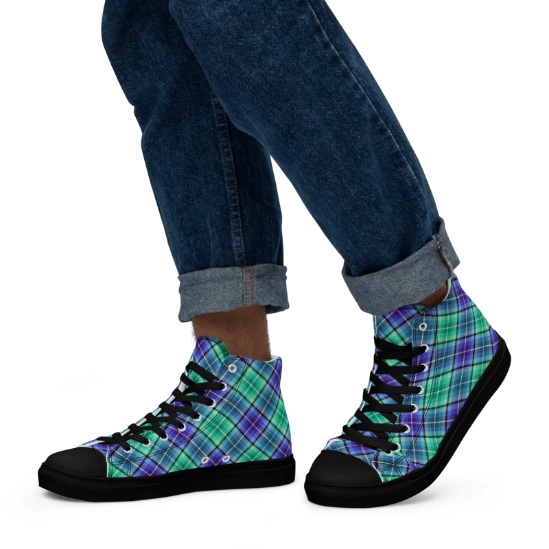 Bright Green and Purple Plaid Men's High Top Shoes product image (5)