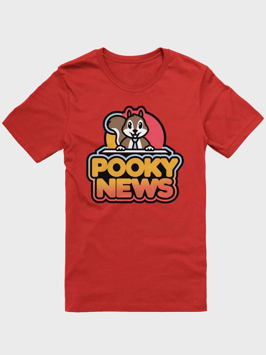 Super Soft and Flattering Tee: Pooky News at desk, red hombre product image (1)