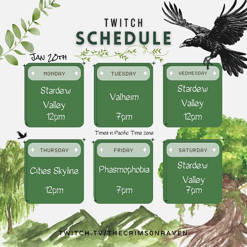 🖤 This Week's Stream Schedule! 🖤

Join me later today (12 PM PST) for cozy Stardew Valley vibes! 🌿🪶 And keep your eyes peeled...